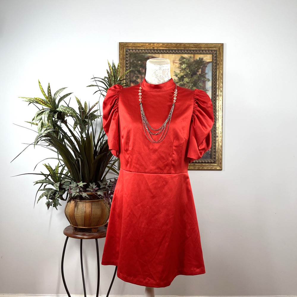 H&M Women's M Red Satin Puff Sleeve Mini Dress Mock Neck Fit & Flare Romantic